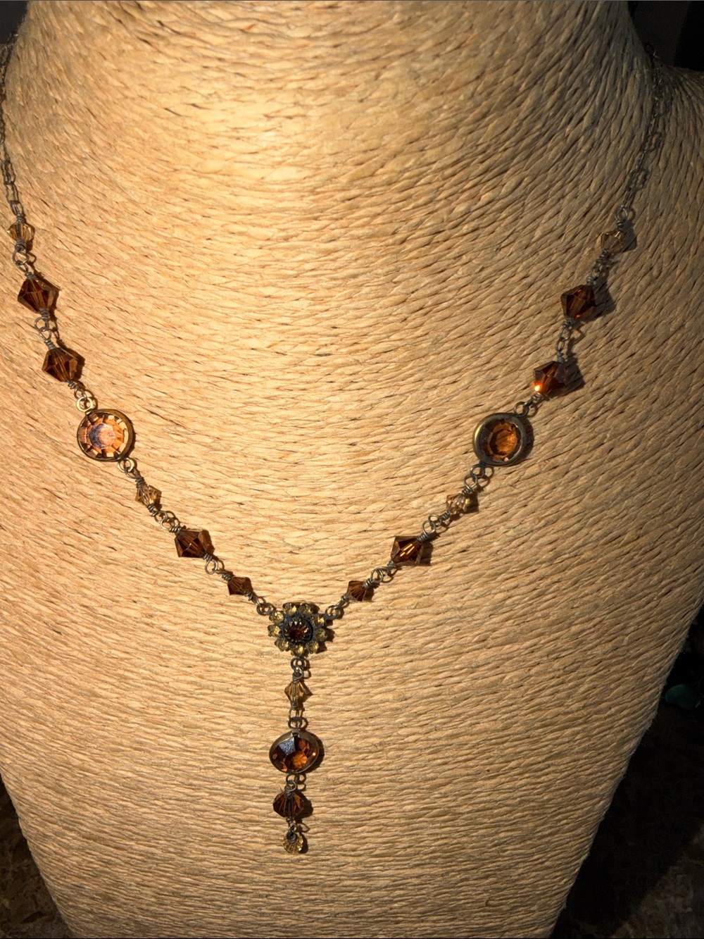 Vintage-Style Amber Crystal Drop Necklace Sterling Silver oxidized